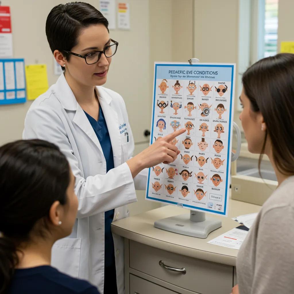 Pediatric eye care professional discussing common eye conditions with a parent, emphasizing eye health education